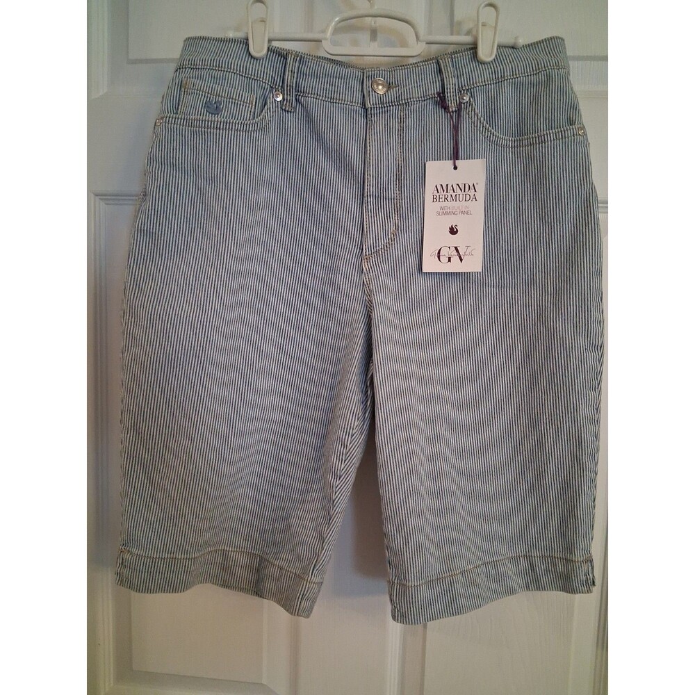 VTG 90s Gloria Vanderbilt Striped Jeans Denim Shorts Sz 10 Blue White Wide-Leg